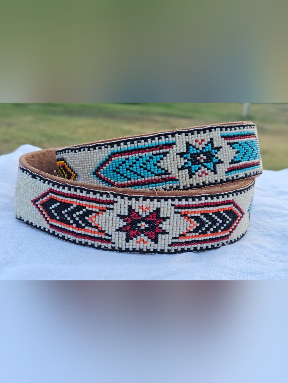 Vintage Handmade Southwestern Beaded Leather Native American Belt